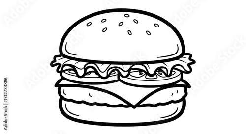 Delicious Hamburger Fast Food Line Art on an Isolated White Background, Classic Burger Meal