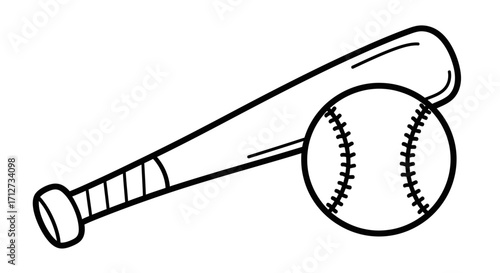 Baseball bat and ball, line drawing illustration.