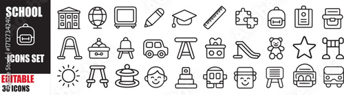 School and Education Icons Set: Editable 30 College, Classroom, and Playground Vector Icons for Apps and UI