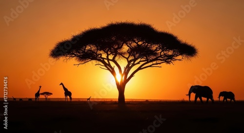 Majestic African Savannah Sunset Scene With Wildlife