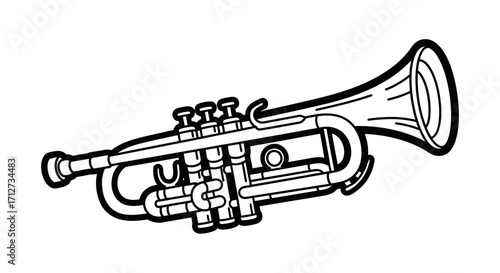 Illustration of a trumpet with valves, tubing, and bell, depicted in a black and white outline.