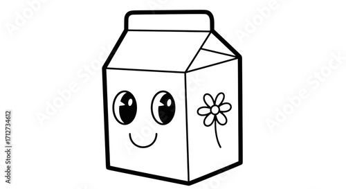 A cute cartoon milk carton with a smiling face and a daisy.