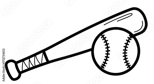 Classic Baseball Bat and Ball Outline Drawing on Isolated White Background, Simple Sports Equipment for Kids Coloring Book.
