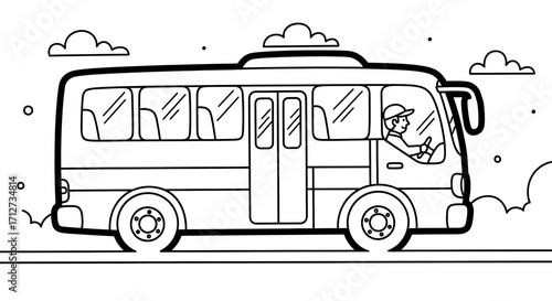 A black and white line drawing of a bus with a driver, set against a simple landscape background.