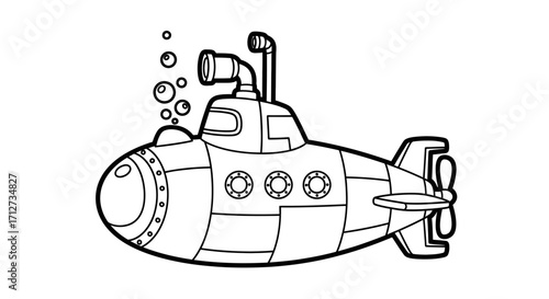 Outlined illustration of a stylized submarine, showing bubbles rising from its hull.