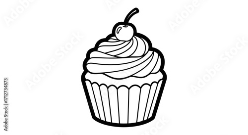A simple line drawing of a cupcake topped with swirled frosting and a cherry.