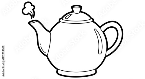 A white teapot outlined in black with steam rising from the spout.
