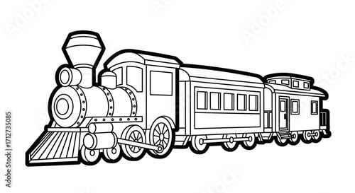 A black and white illustration of a vintage steam train.
