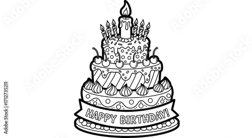 A three-layered birthday cake, adorned with candles, cherries, and a celebratory banner.