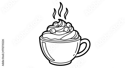 Cozy Hot Drink in a Mug with Whipped Cream and Toppings, Steaming Beverage, Isolated White Background.