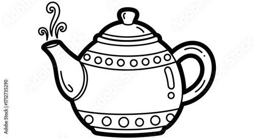 Steaming Decorative Teapot with Ornate Pattern for Hot Beverage, Isolated White Background.