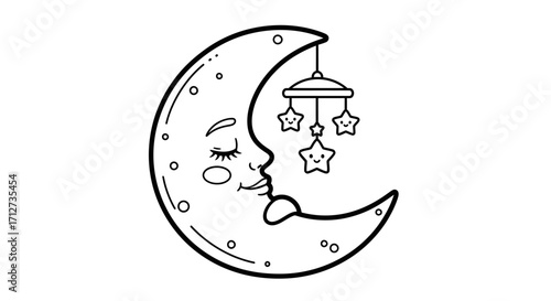 A crescent moon with a baby's face and a mobile, a whimsical illustration for coloring or decoration.
