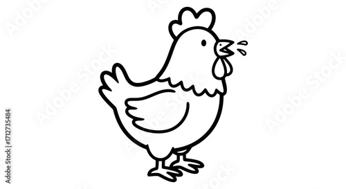 A cartoon hen, cheerfully vocalizing, depicted in simple line art.