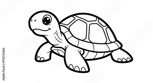 Cartoon drawing of a turtle with a shell, head, and flippers, presented in a simple black and white style.