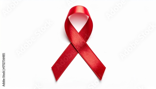 High resolution close-up of a red silk awareness ribbon on a clean white background. Perfect for World AIDS Day campaigns, HIV awareness, healthcare, and solidarity concepts.