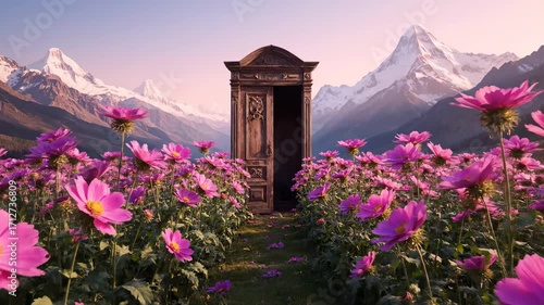 Surreal Doorway to Majestic Mountains - A whimsical scene unfolds with an antique wooden door standing ajar in a vibrant field of pink cosmos flowers, all set against a breathtaking backdrop of