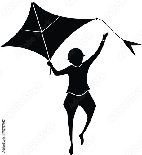 Silhouette of a child flying a kite on a windy day outdoors on white background