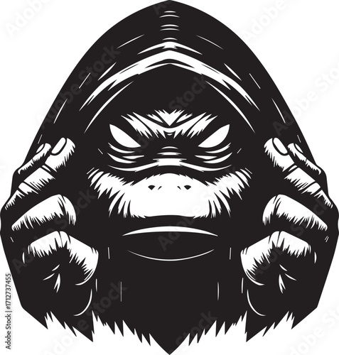 Intimidating monkey face covered by hooded shadow intense stare focused fierce expression
