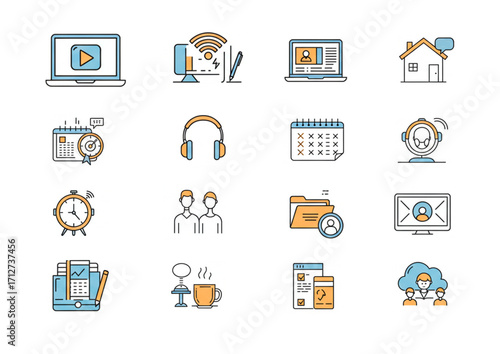 Digital workspace illustration featuring various icons representing remote work tools, communication, scheduling, and productivity in a modern office environment with vibrant colors