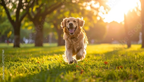 Fototapeta Naklejka Na Ścianę i Meble -  Happy golden retriever running in a park at sunset