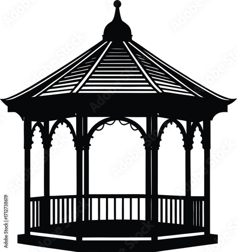 Silhouette of an ornate gazebo structure with decorative roof and railing design on white background
