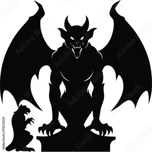 Silhouette of a menacing gargoyle with wings and horns on a pedestal on white background