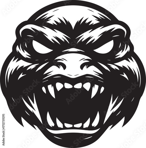 Fierce gorilla head portrait intense roaring mouth sharp fangs tribal art style