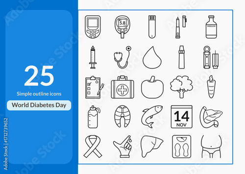 Clean line art medical icon pack for world diabetes day and health awareness projects.