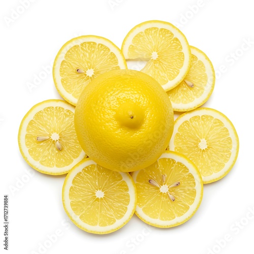 Ripe lemon with slices isolated on white background with full depth of field. Top view. Flat lay