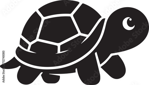 Cute black silhouette of a tortoise walking with a detailed shell and big eye