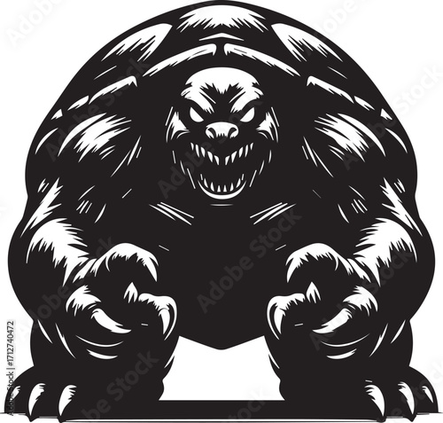 Fearsome monster turtle creature emerging with sharp claws and menacing grin full of teeth