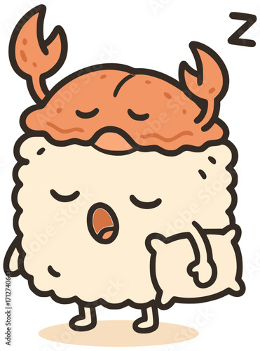 Illustration of sushi with a crab-shaped hat sleeping with a pillow