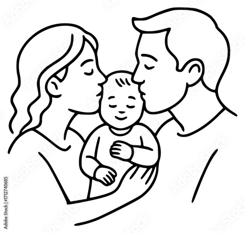 Illustration of parents kissing a child in their arms