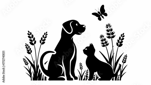 Black silhouette of a dog and cat sitting in grass with a butterfly flying above them on a white background | editable eps vectors