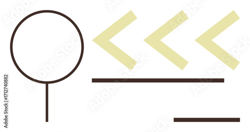 Geometric circle, three angled arrows, and parallel lines create balance and movement. Ideal for navigation, direction, progress, minimalism, focus modern design abstract concept. Simple flat