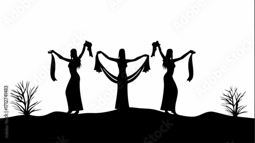 Silhouetted figures of women dancing with scarves on a landscape with trees in black and white style | editable eps vectors