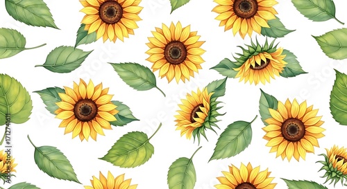 Watercolor Sunflowers and Leaves Seamless Pattern.