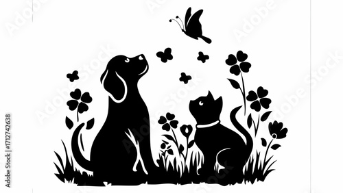 Black silhouette of dog and cat looking at butterfly among clover flowers in a grassy field design is cute | editable eps vectors