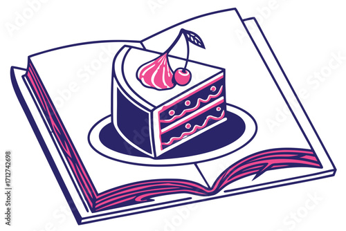 Bold graphic vector of a layered cake slice with pink frosting cherry and cream swirl on an open book.