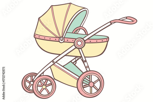 Charming pastel baby stroller illustration with yellow canopy pink wheels and mint green interior.