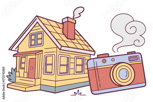 Charming yellow house with red roof chimney smoke and a retro red camera emitting whimsical white smoke cartoon illustration.