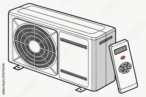 Isometric Line Art Illustration of an Outdoor Air Conditioner Unit and Remote Control.