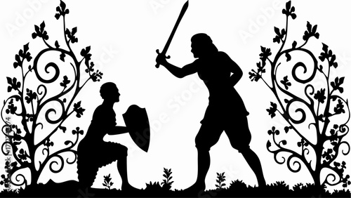 Silhouette of two figures in combat with sword and shield amidst decorative foliage and ground cover design | editable eps vectors