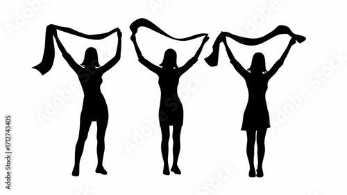 Three silhouette figures of women in dresses holding scarves above their heads in a celebratory pose | editable eps vectors
