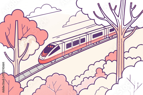 Sleek HighSpeed Train Illustration with Pastel Trees and Clouds in Minimalist Outline Style.