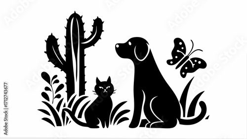 Silhouette of a cat and dog with a butterfly and cactus in a monochrome black and white design style | editable eps vectors