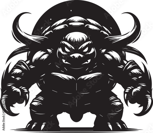 Fierce muscular monster with horns and claws ready for battle epic design