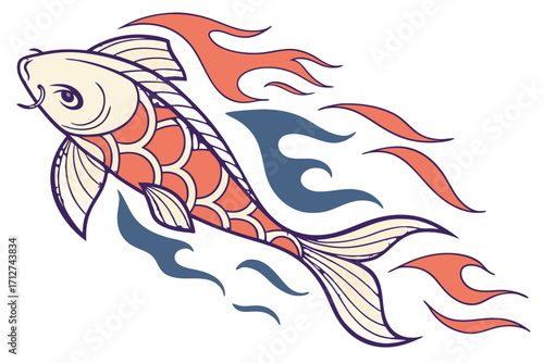 Stylized cream and orange Koi fish illustration with flowing fins surrounded by abstract blue waves and orange flame shapes.