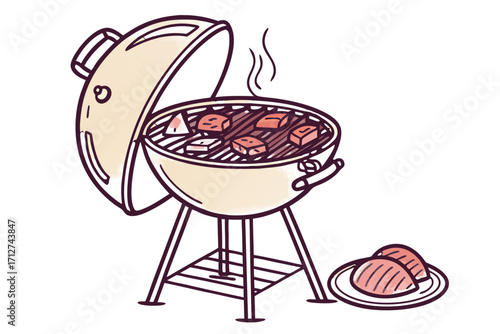 Stylized barbecue grill with open lid cooking meat cubes and salmon on a plate smoke rising.