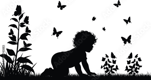 Vector illustration of baby silhouette crawling on grass with butterflies and plants, nature outdoor scene, child exploring wildlife, black isolated drawing design